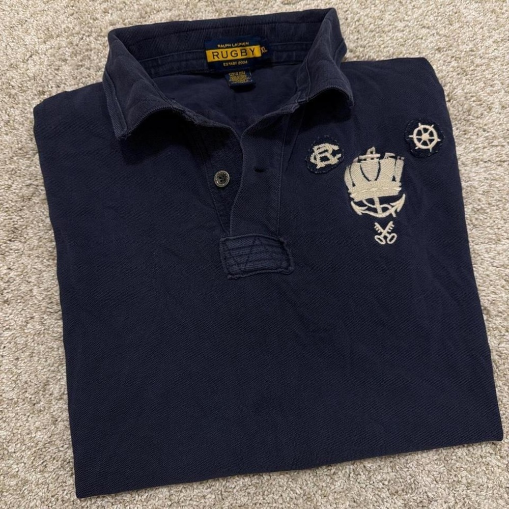 Rare Vintage Ralph Lauren Rugby Polo | Skull Crest |‎ Navy Blue | Men's XL